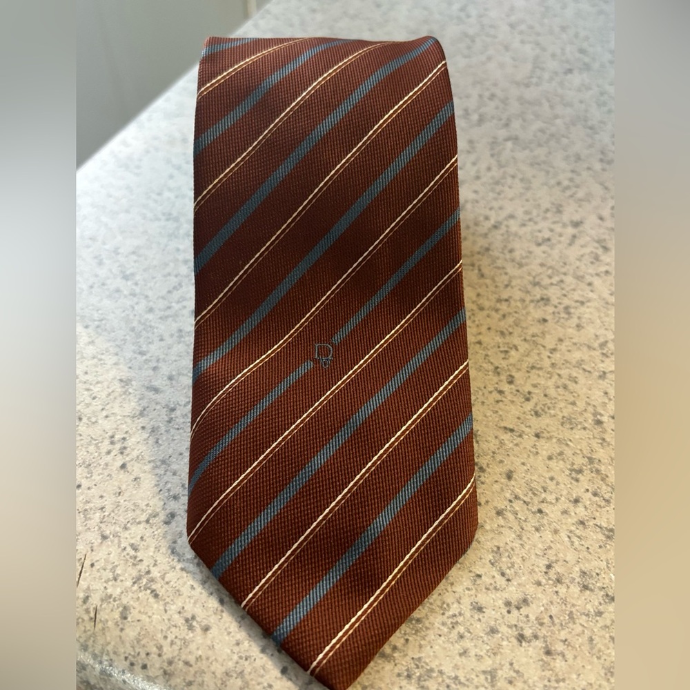 Christian Dior Mens Tie Burgundy Blue Striped